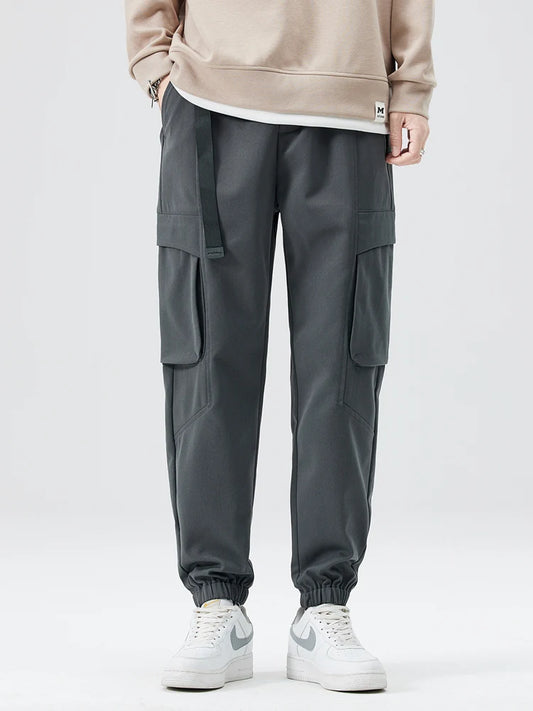 Casual Slim Fit Cargo Pants with Belt - Multi-Pocket Polyester Knit Joggers