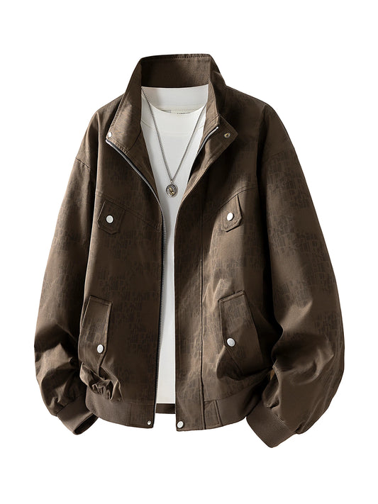 Abrigo estampado de moda talla grande 8XL - Cuello alto, corte holgado, cierre de cremallera