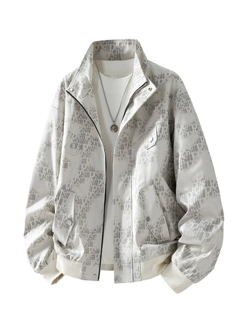 8XL Plus Size Fashion Print Coat - Stand Collar Loose Fit Zip-Up