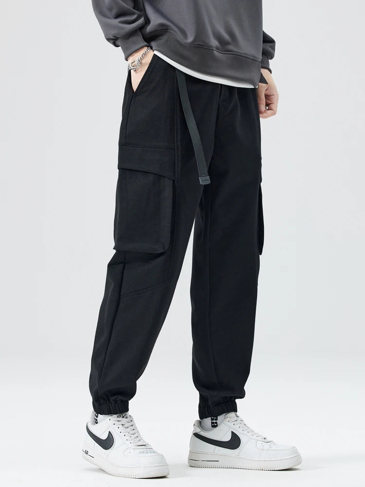 Casual Slim Fit Cargo Pants with Belt - Multi-Pocket Polyester Knit Joggers