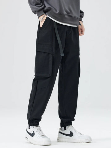 Casual Slim Fit Cargo Pants with Belt - Multi-Pocket Polyester Knit Joggers