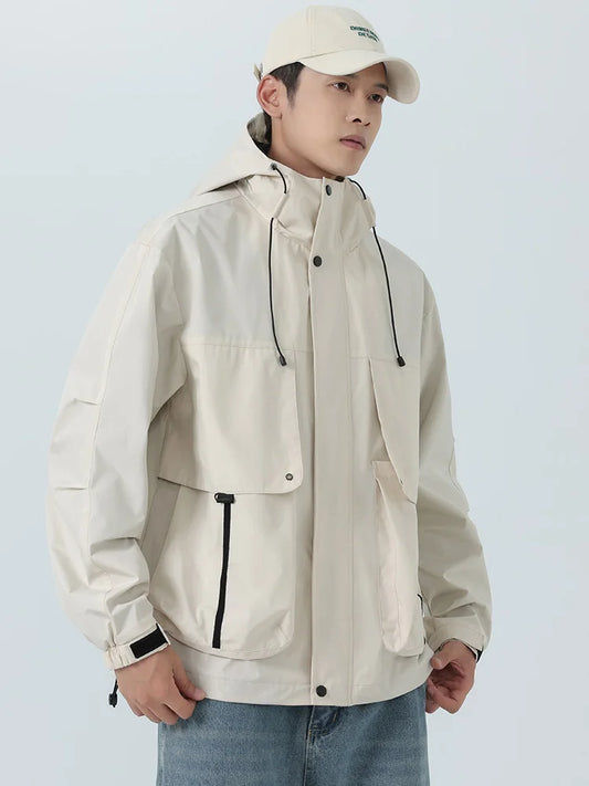 Cortavientos de estilo coreano para hombre - Abrigo con capucha de corte holgado y bolsillos grandes (Talla grande 8XL)