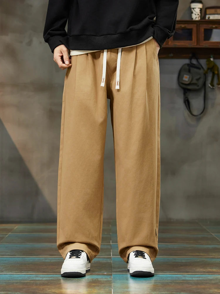 Pantalones casuales de corte recto - 100% algodón con cintura ajustable con cordón